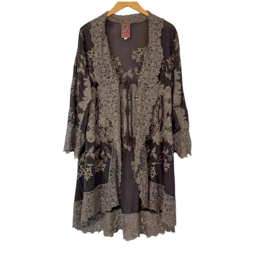 Johnny Was Asao Women's XS Gray Eyelet Lace Kimono